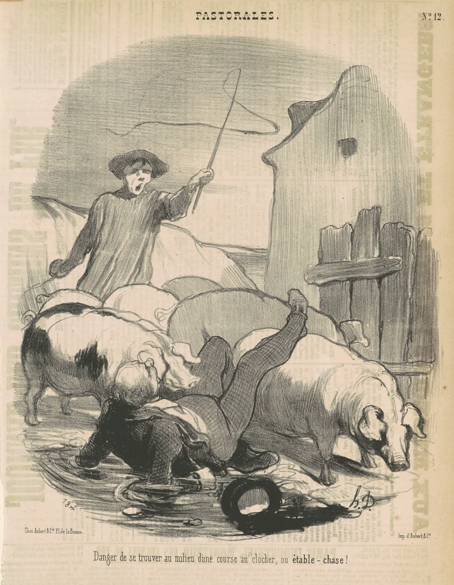 Danger de se trouver au milieu d'une course au clocher by Honoré Daumier, print, 1845