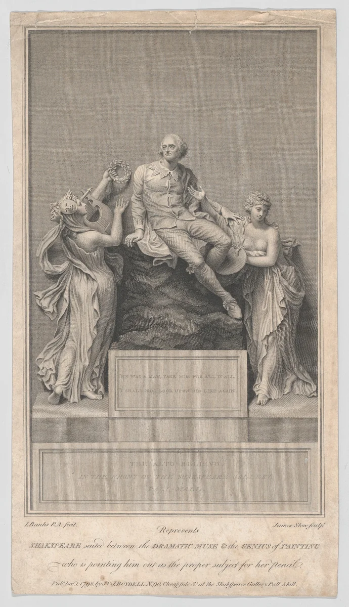 Shakespeare Seated Between the Dramatic Muse and the Genius of Painting, from "Boydell's Shakespeare Gallery" by James Stow, print, 1797