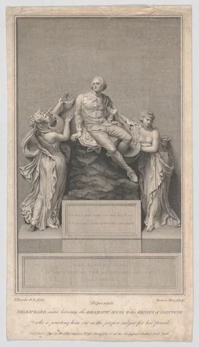 Shakespeare Seated Between the Dramatic Muse and the Genius of Painting, from "Boydell's Shakespeare Gallery" by James Stow, print, 1797