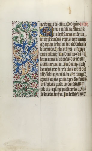 Book of Hours (Use of Rouen): fol. 16v, Opening of the Gospel of Mathew by Master of the Geneva Latini, book, 1465-1475