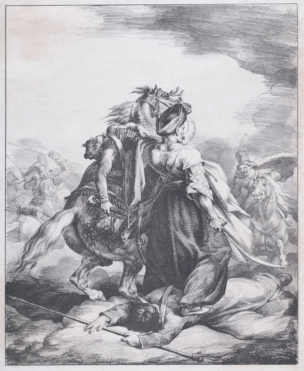Mamluk Defending a Wounded Trumpeter by Théodore Gericault, print, 1818