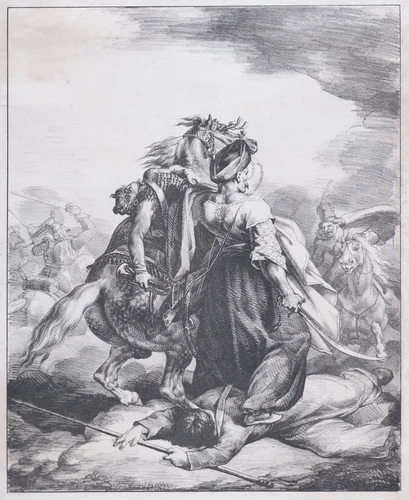 Mamluk Defending a Wounded Trumpeter by Théodore Gericault, print, 1818