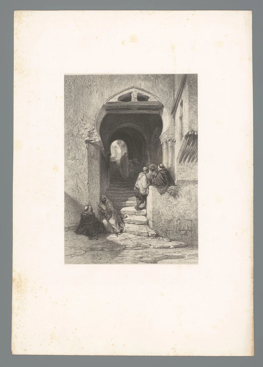 Overdekte straat met mensen in Algiers by Adolphe Mouilleron, print, 1851-1865