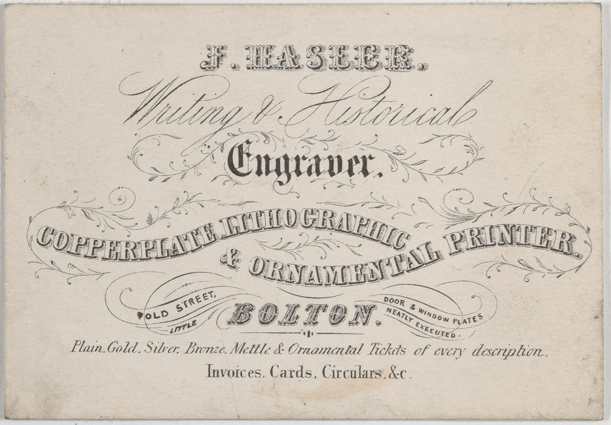 Trade Card for J. Hasler, Writing & Historical Engraver by anonymous, print, 1800-1900