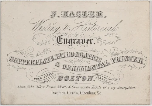 Trade Card for J. Hasler, Writing & Historical Engraver by anonymous, print, 1800-1900