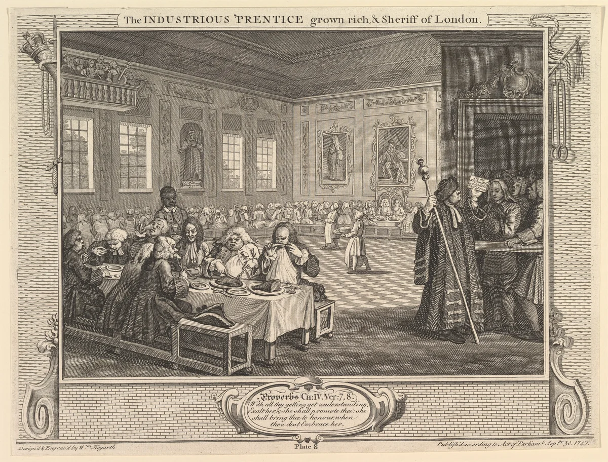 The Industrious 'Prentice Grown Rich and Sheriff of London: Industry and Idleness, plate 8 by William Hogarth, print, 1747
