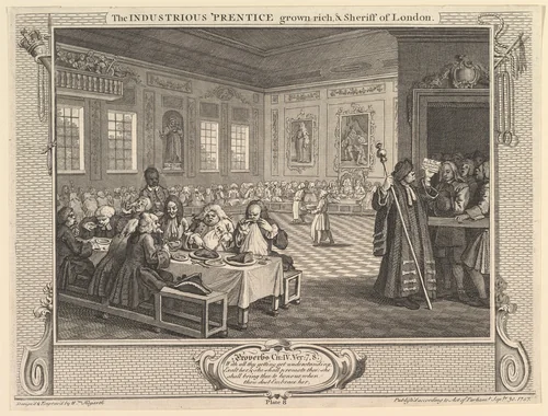 The Industrious 'Prentice Grown Rich and Sheriff of London: Industry and Idleness, plate 8 by William Hogarth, print, 1747