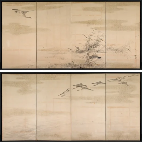 Geese, Reeds, and Water by Yamamoto Baiitsu (山本梅逸), painting, 1800-1856