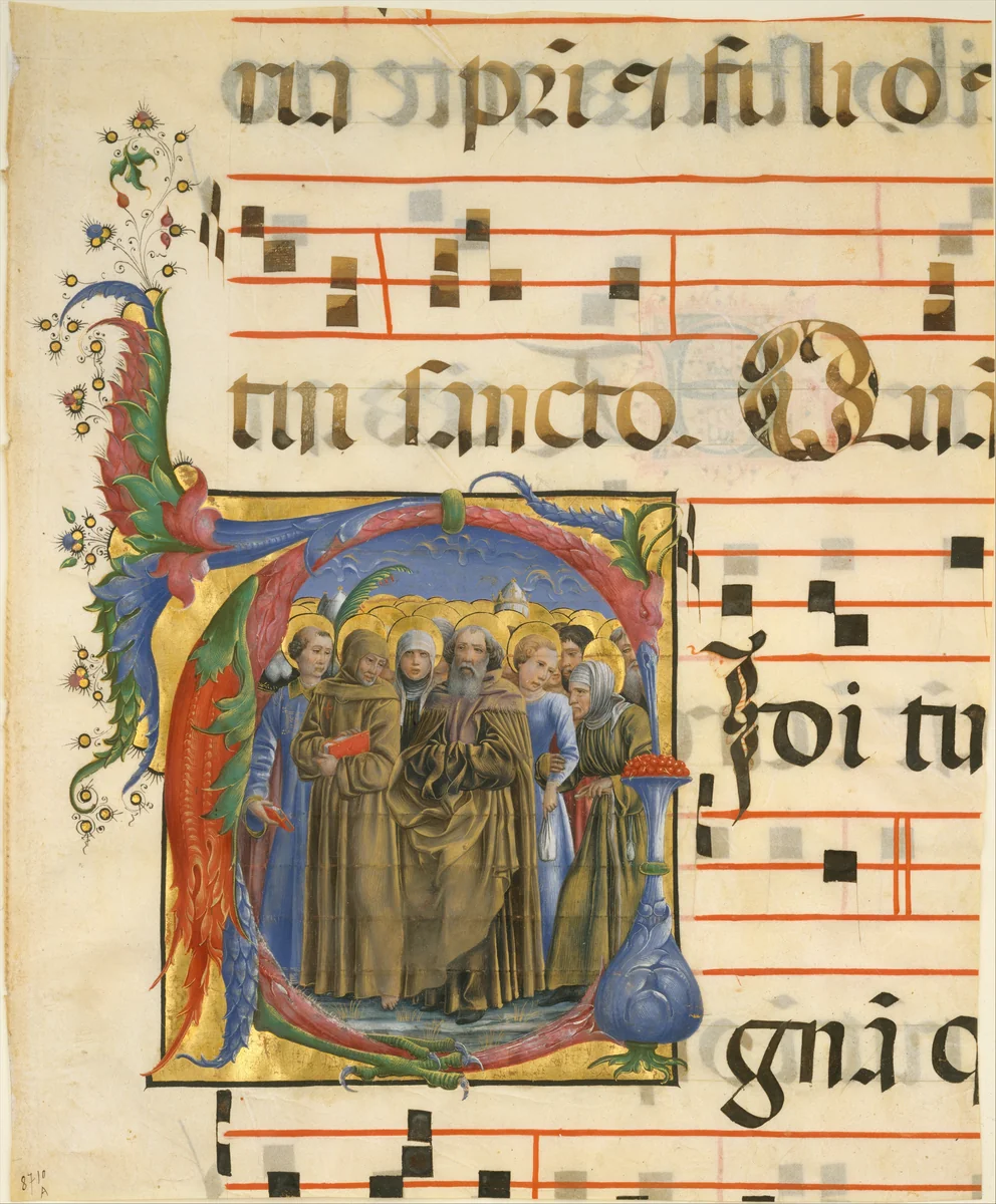 Manuscript Illumination with All Saints in an Initial V, from an Antiphonary by Cosmè Tura, manuscript, 1450-1460