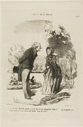 “- I am sorry that I did not recognize you right away. I could not distinguish you from all the other roses!,” plate 55 from Tout Ce Qu'on Voudra by Honoré-Victorin Daumier, print, 1850