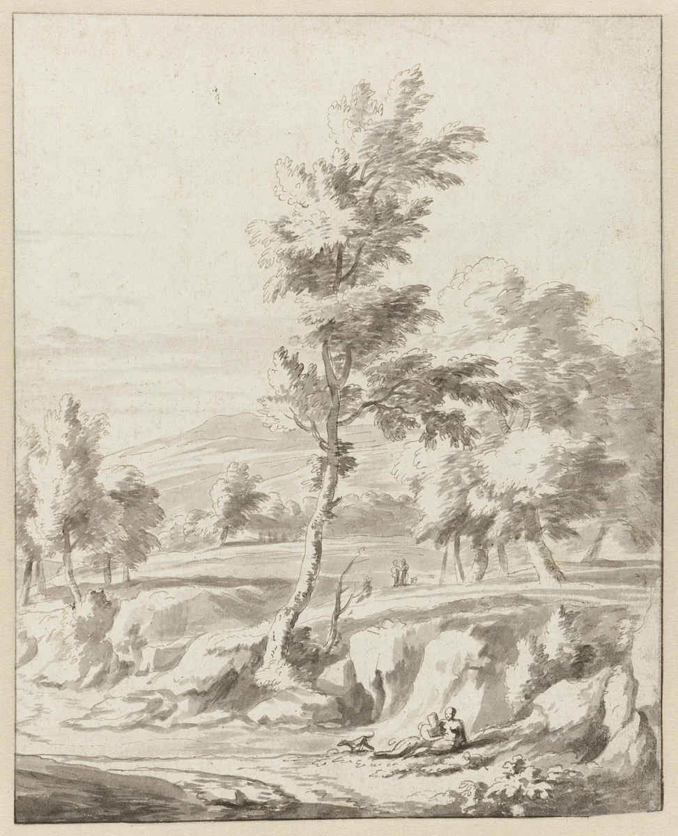 Landschap met op de voorgrond een liefdespaar by Adriaen van de Velde, drawing, 1646-1672