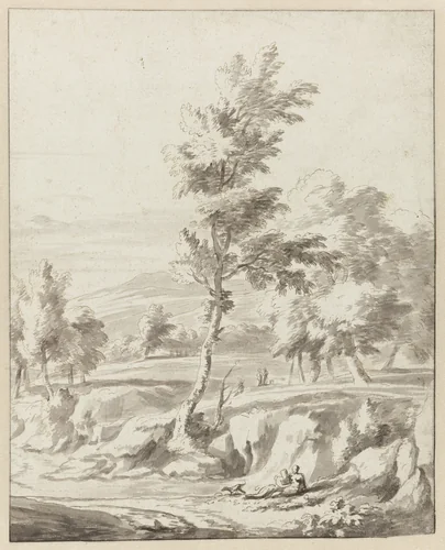 Landschap met op de voorgrond een liefdespaar by Adriaen van de Velde, drawing, 1646-1672