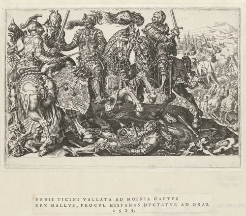 Gevangename van Frans I tijdens de slag van Pavia, 1525 by Unknown, print, 1555-1556