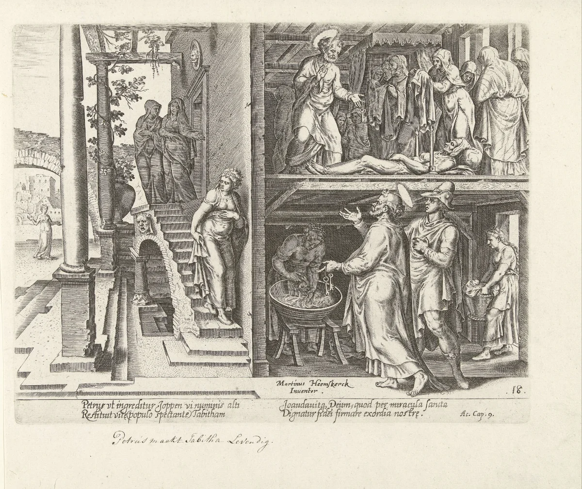 Opwekking van Dorkas (Tabita) by Philips Galle, print, 1582