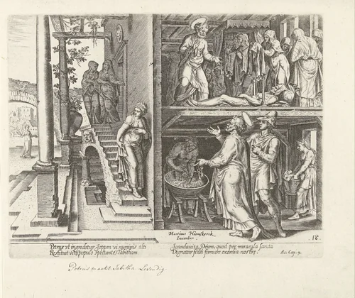Opwekking van Dorkas (Tabita) by Philips Galle, print, 1582