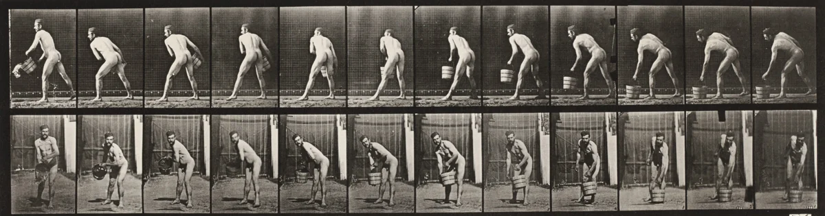 Plate Number 398. Lifting a bucket of water to empty it by Eadweard Muybridge, photograph, 1887