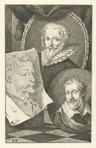 Portretten van Joseph Heintz de Oude, Nicolaas Kornelisz van Delff en Cornelis IJsbrandsz Cuffeus by Jan l' Admiral, print, 1764