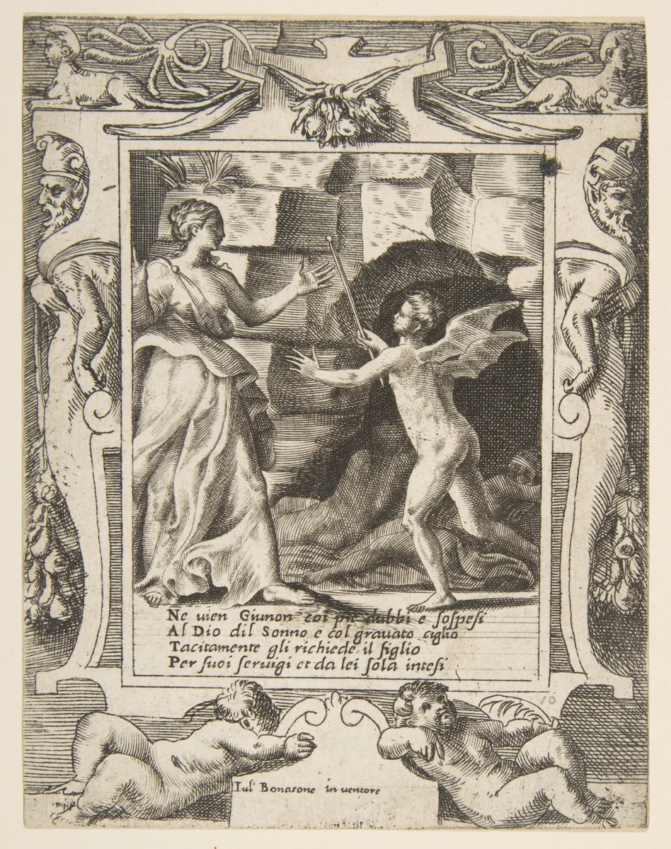 Juno summoning sleep to descend upon Jupiter, set within an elaborate frame, from "Loves, Rages and Jealousies of Juno" by Giulio Bonasone, print, 1531-1590