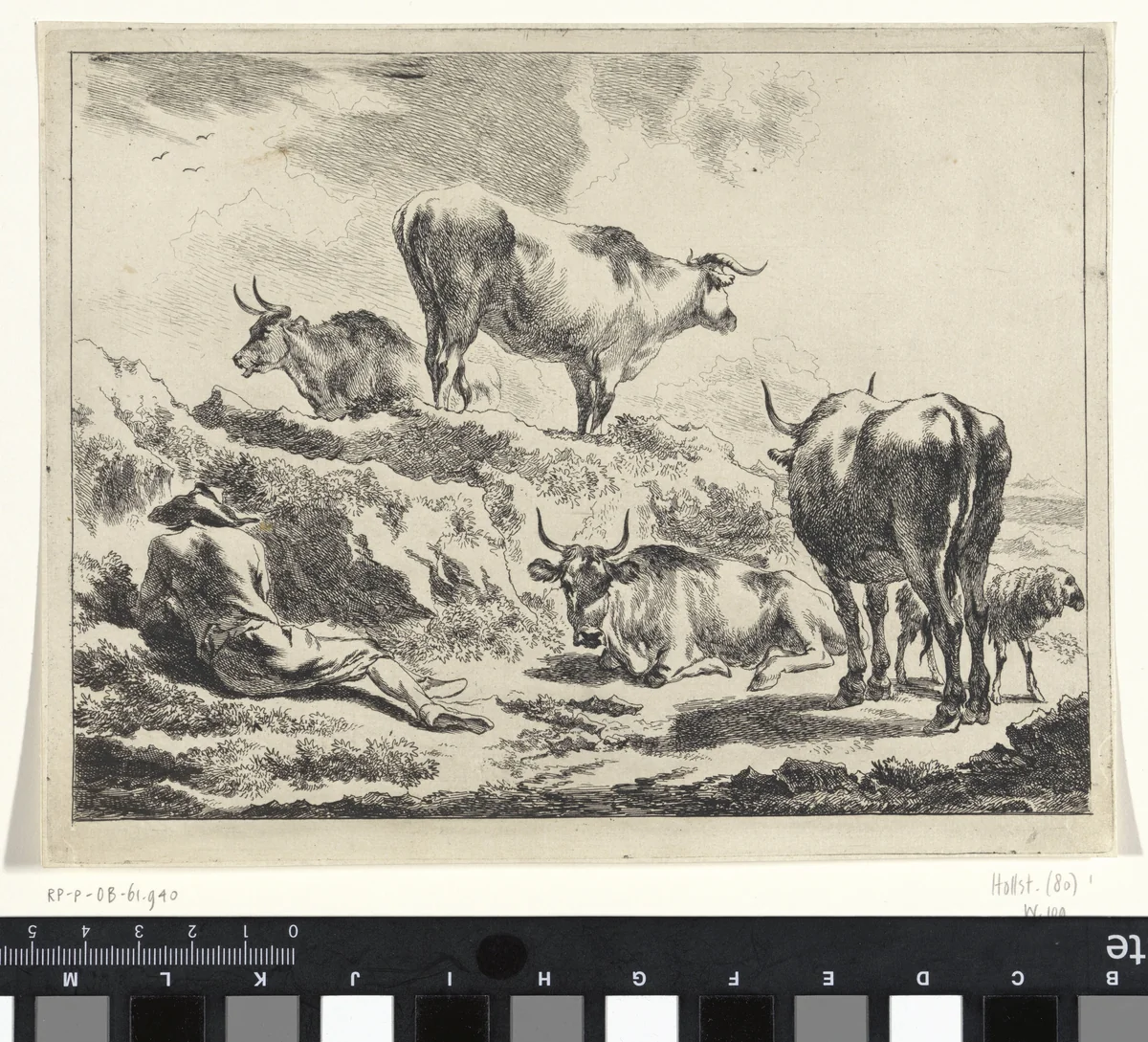 Rustende herder tussen zijn runderen by Jan de Visscher, print, 1643-1692