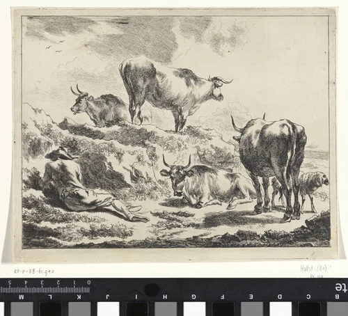 Rustende herder tussen zijn runderen by Jan de Visscher, print, 1643-1692