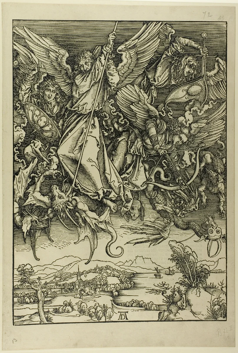 St. Michael Fighting the Dragon, from The Apocalypse by Albrecht Dürer, print, 1496-1498