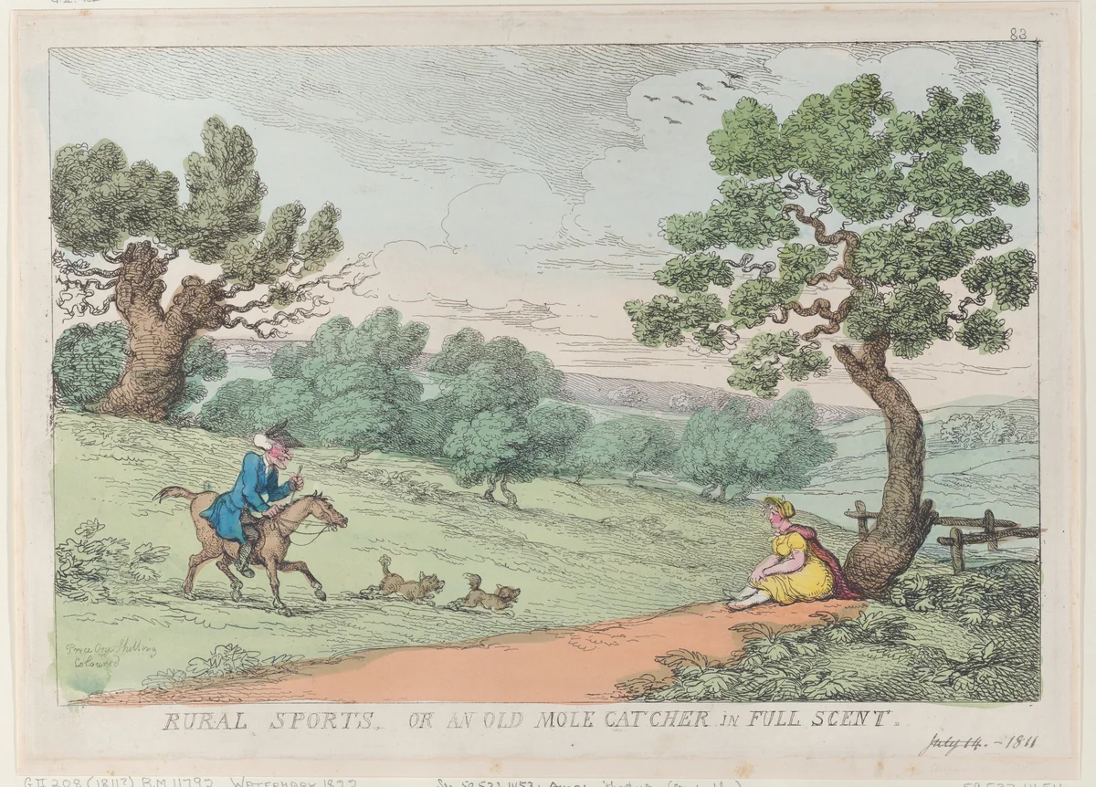 Rural Sports, or an Old Mole Catcher in Full Scent by Thomas Rowlandson, print, 1811