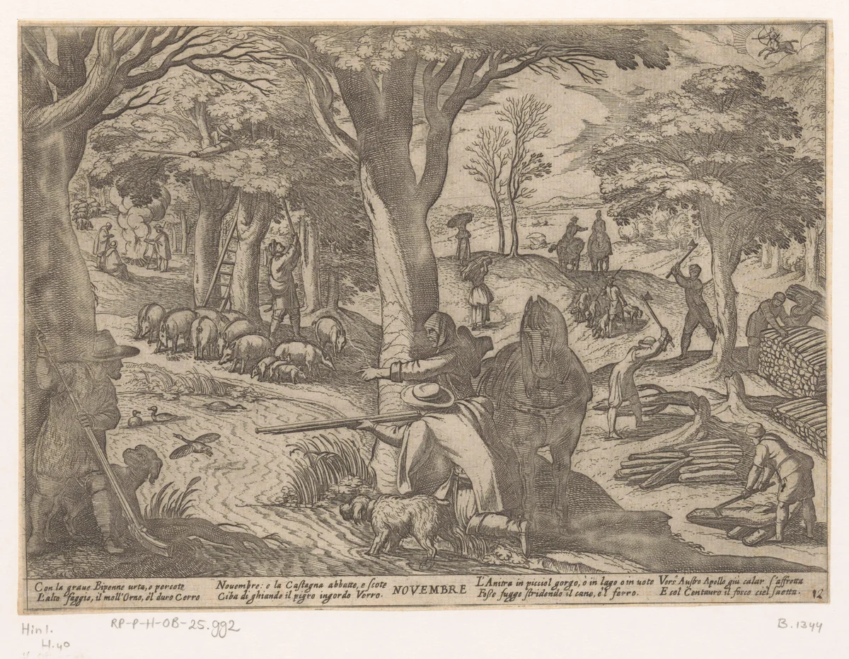 November: vogeljacht en bomen kappen (boogschutter) by Antonio Tempesta, print, 1599