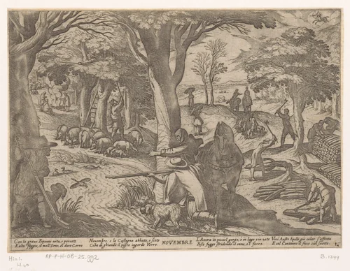 November: vogeljacht en bomen kappen (boogschutter) by Antonio Tempesta, print, 1599