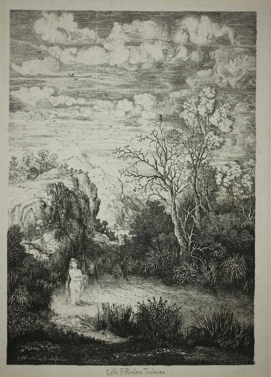 Bathing Woman and Time by Rodolphe Bresdin, print, 1857