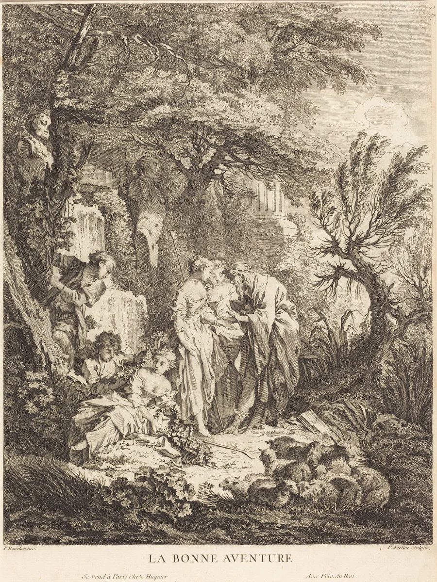 La Bonne Aventure by Pierre-Alexandre Aveline; François Boucher, print, 1702-1760