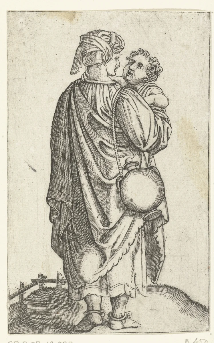Vrouw met tulband of hoofddoek en kruik draagt kind op arm by anonymous, print, 1510-1575