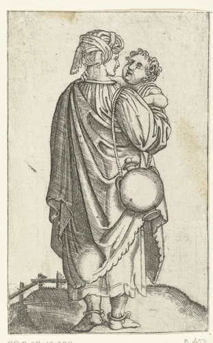 Vrouw met tulband of hoofddoek en kruik draagt kind op arm by anonymous, print, 1510-1575