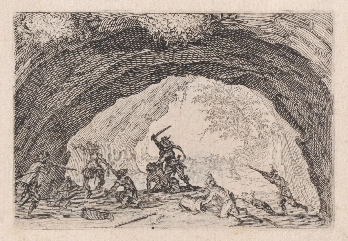 La Caverne de Brigands (The Cave of Thieves), from "Les Caprices" Series B, The Nancy Set by Jacques Callot, print, 1617-1620