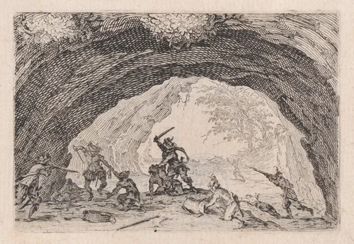 La Caverne de Brigands (The Cave of Thieves), from "Les Caprices" Series B, The Nancy Set by Jacques Callot, print, 1617-1620