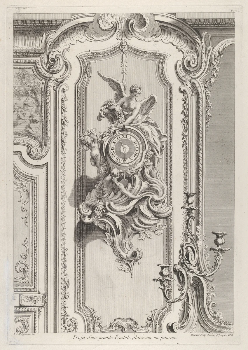 Projet d'une grande Pendule, from 'Oeuvre de Juste Aurele Meissonnier' by Juste Aurèle Meissonnier, print, 1742-1748