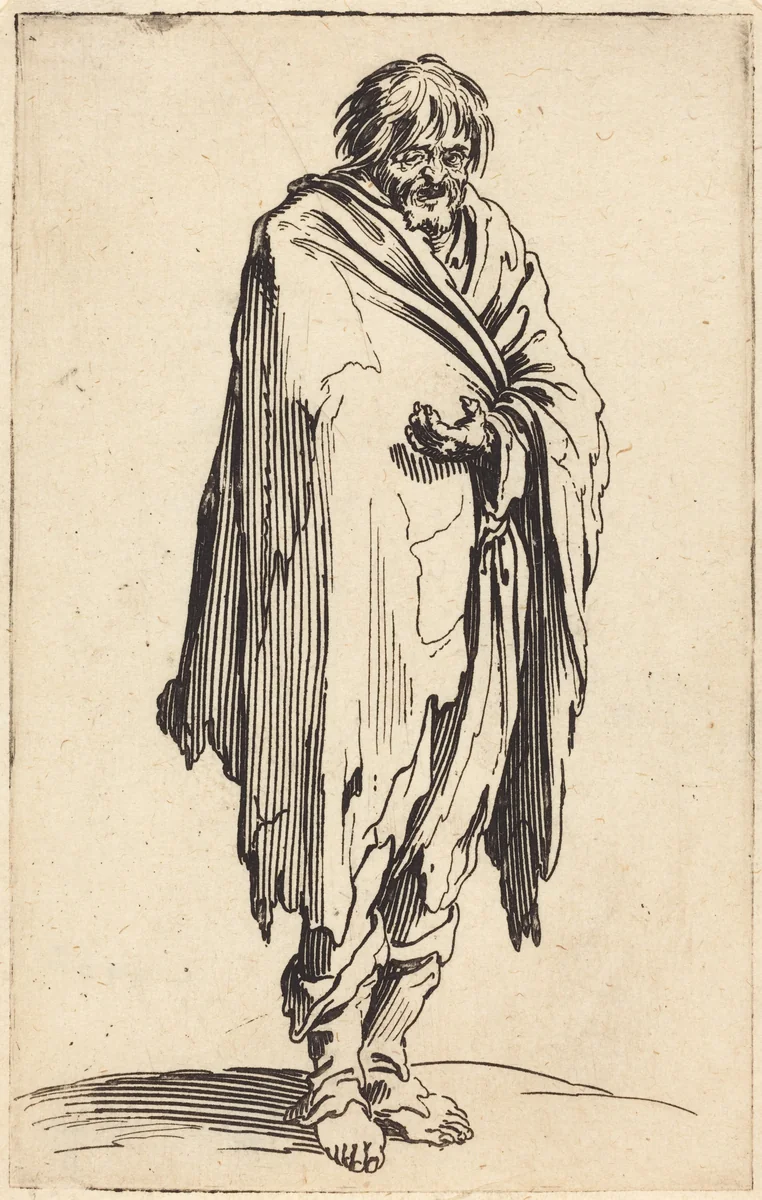 Beggar with Bare Head and Feet by Jacques Callot, print, 1622