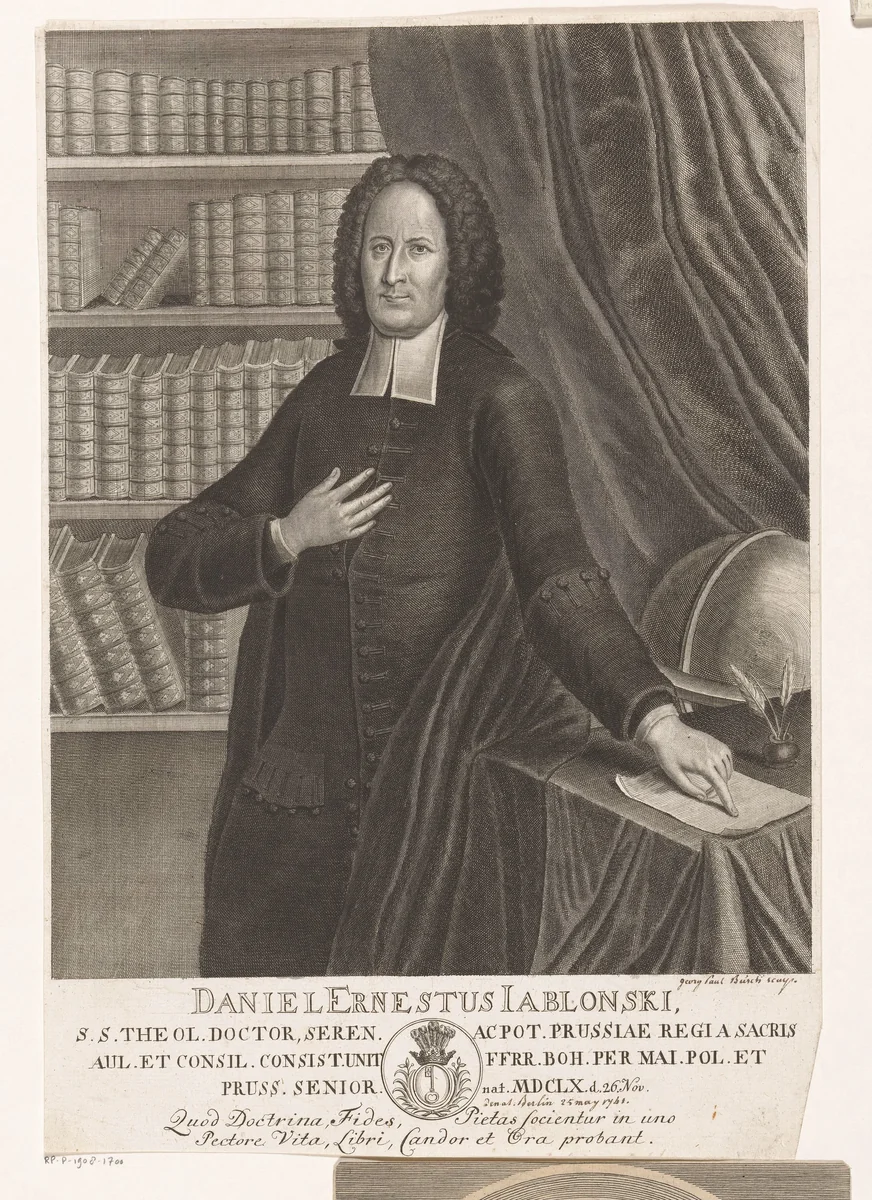 Portret van Daniel Ernst Jablonski by Georg Paul Busch, print, 1716-1741