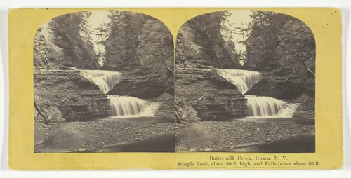 Buttermilk Creek, Ithaca, N.Y. Steeple Rock, about 50 ft. high, and Falls below about 50 ft. by J. C. Burritt, photograph, 1860-1865