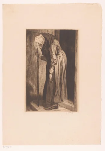 Op een stok leunende oude vrouw in een deuropening by Mary Hector Rupert Cantineau, print, 1885-1909