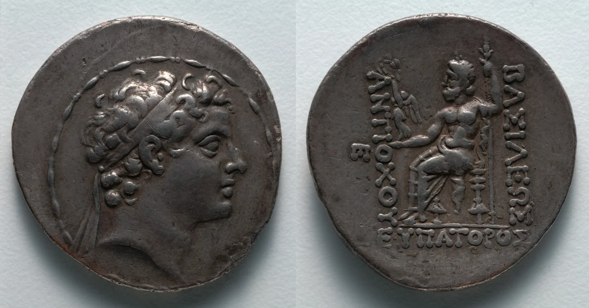 Tetradrachm: Head of Antiochos V (obverse); Zeus (reverse) by Unknown, metalwork, -164--162