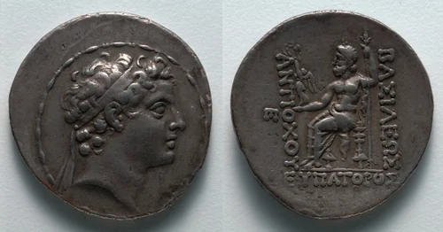 Tetradrachm: Head of Antiochos V (obverse); Zeus (reverse) by Unknown, metalwork, -164--162