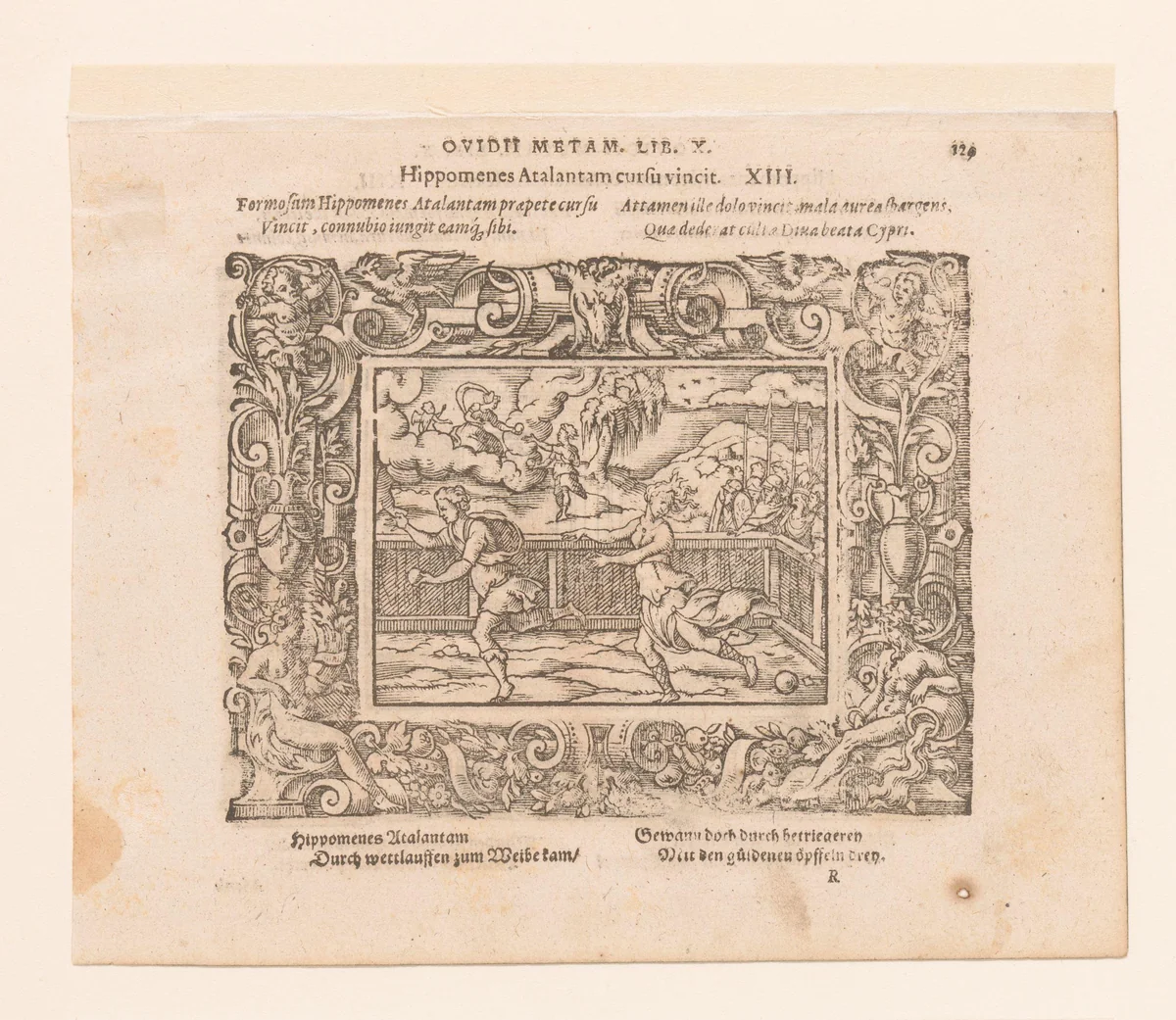Hippomenes wint de hardloopwedstrijd tegen Atalanta by Virgilius Solis, print, 1569