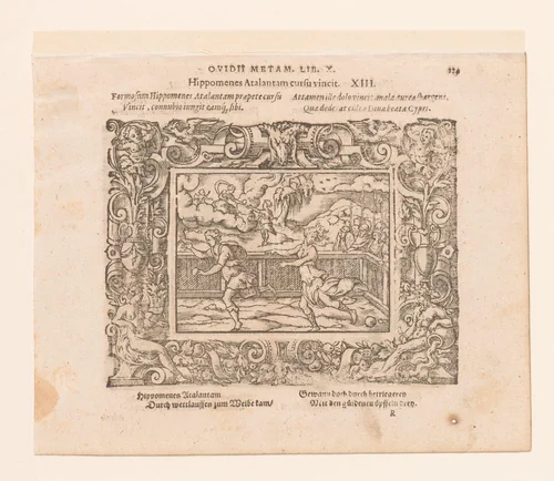 Hippomenes wint de hardloopwedstrijd tegen Atalanta by Virgilius Solis, print, 1569