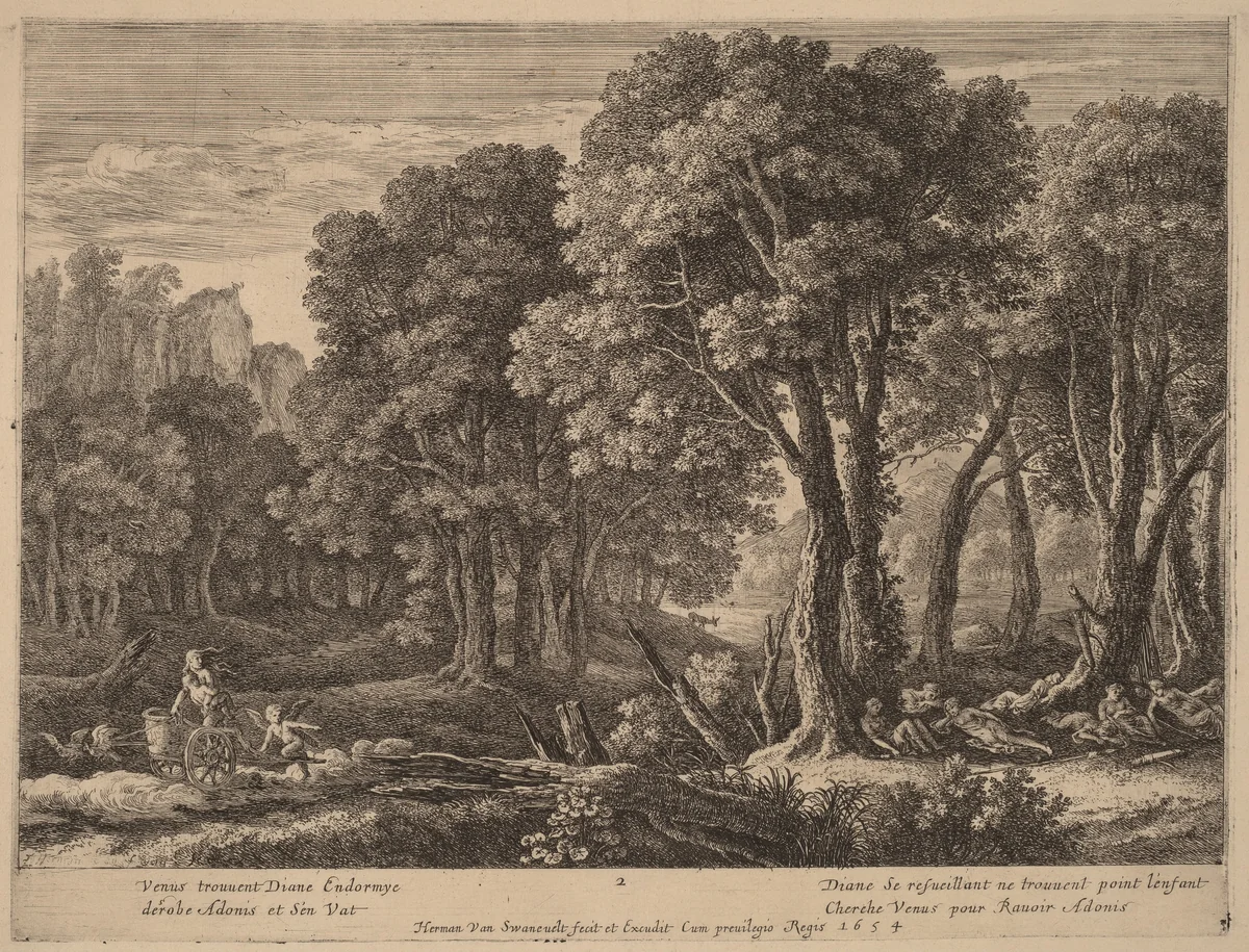 Venus Abducting Adonis by Herman van Swanevelt, print, 1600-1655