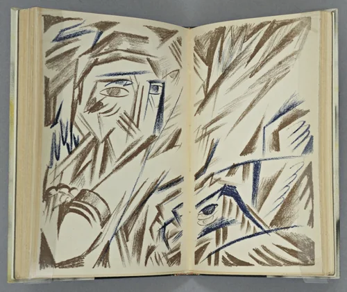 Double page plate (between pages 96 and 97) from Vertogradari Nad Lozami (Gardeners over the Vines) by Natalia Goncharova, illustrated book, 1913
