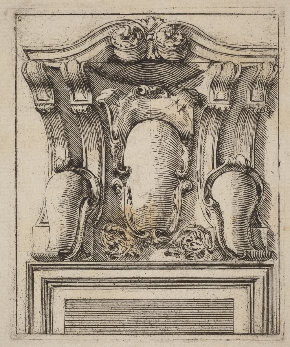 Architectural Motif with Three Shields by Carlo Antonio Buffagnotti, print, 1690