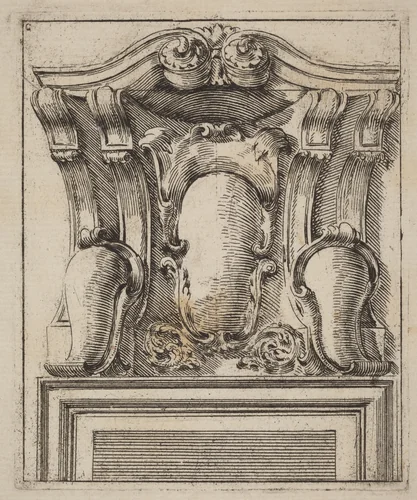 Architectural Motif with Three Shields by Carlo Antonio Buffagnotti, print, 1690