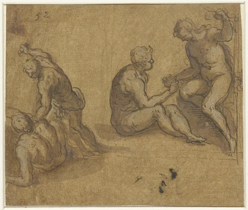 Adam en Eva onder de boom en Cain die Abel doodt by Jacopo Palma, drawing, 1554-1628