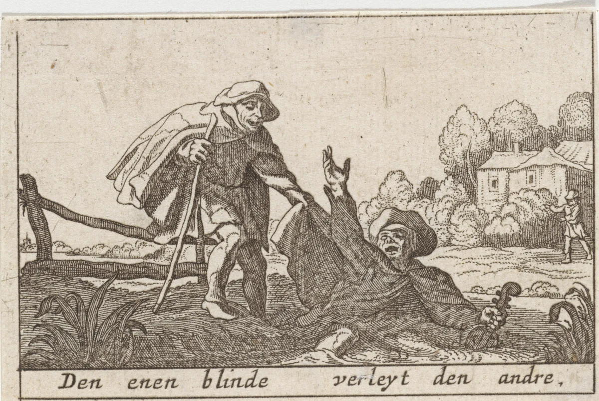 De blinde die de blinde leidt by Pieter Hendricksz. Schut, print, 1628-1650