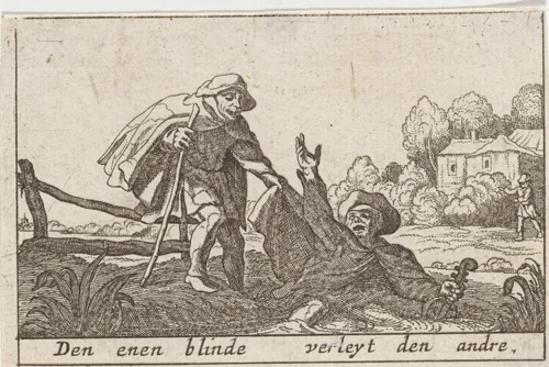 De blinde die de blinde leidt by Pieter Hendricksz. Schut, print, 1628-1650
